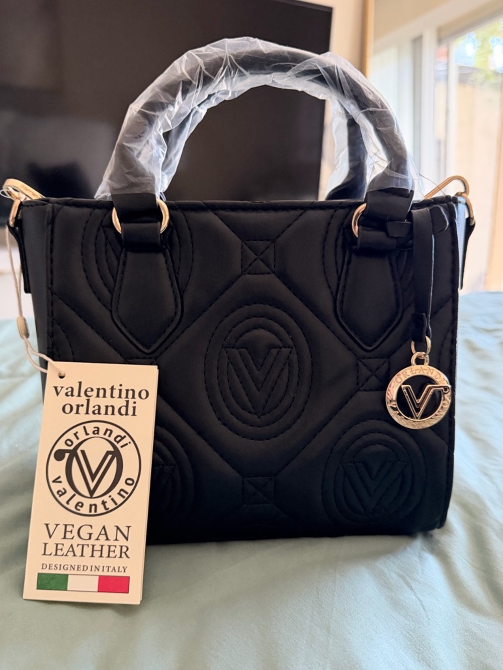 Valentino Orlandi Black Quilted Vegan Leather Satchel with Gold Charm